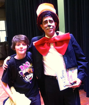 Seth Boyden Principal, Mark Quiles, as the Cat in the Hat with 5th grader Ethan Mann.