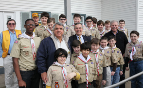 The Scouts are joined by (row 2 left to right) Scotch Plains Mayor Kevin Glover, Congressman Rush Holt and Scotch Plains Councilman Louis Beckerman. Scotch Plains Lions Club members Jerry Kirshenbaum (l) and Don Wussler are in the back row 