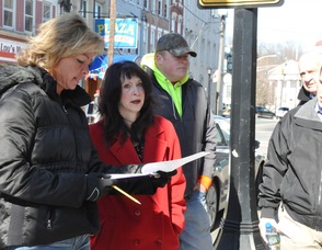 Kendrya Close (left), Director of the Foodshed Alliance, reviews possible locations where vendors can be stationed along Newton's Spring Street during the Summer Farmers' Market, with Town of Newton Zoning Officer, Katherine Citterbart (left).