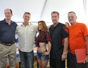 Kristen Schulman, Daisy Duke Look-a-like with John Schneider, Claude Jaillet, and the judges.