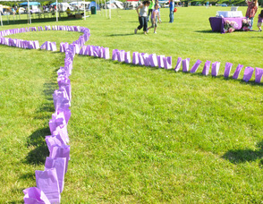 A purple ribbon made up luminarias.