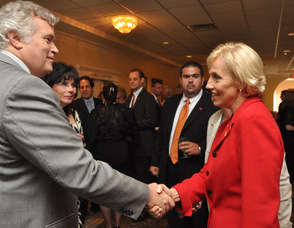 Lieutenant Governor Kim Guadagno shakes the hand of Stanhope Councilman George Graham.