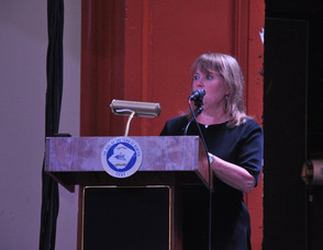 Moderator Louise Davis of the League of Women Voters of Mountain Lakes.