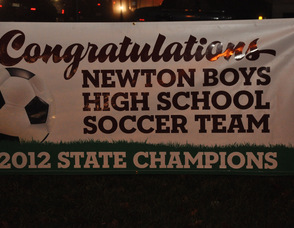 The sign recognizing the Newton Boys High School Soccer Team for taking the 2012 State Championship. The team will receive a formal recognition in January 2013.