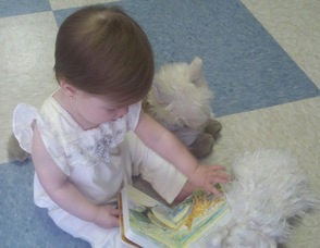 Isla Diklich, age 10 months, reads "Is Your Mama a Llama?"