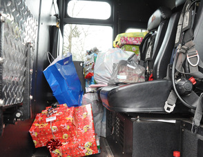 One of the firetrucks packed with toys.