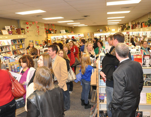 The crowd waits in line at Sparta Books during the book signing.