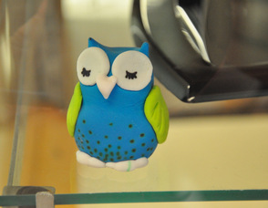 A fondant owl watches over the baked goods.