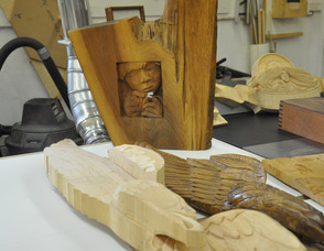 Wood carvings on display.