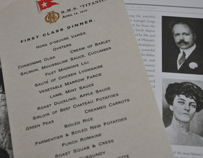 George Widener and Eleanor Elkins Widener, featured in the book, Last Dinner on the Titanic, along with a copy of the First Class menu from Jennifer Jean Miller's collection.