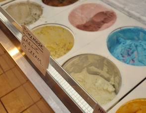 Garlic Ice Cream at Chocolate Parfait, sits among other regular ice cream flavors.