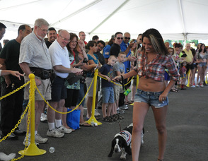 A Daisy Duke look-a-like walks with a four-legged friend.