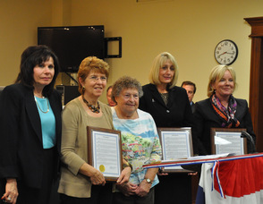 Mayor Sylvia Petillo with Ellen Buongiorno, and Marlene Colobella of the Hopatcong Woman's Club,Jamie Bernard of DASI, and Deborah Berry-Toon of Project Self-Sufficiency. 