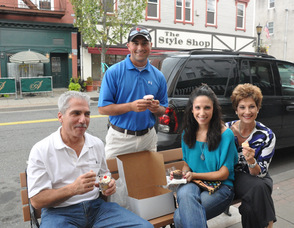 The Caruso Family from Succasunna, who visited the bakery, and enjoyed their baked goods while sitting on Spring Street. From left to right, Peter Caruso, Nick Berg, Christine Caruso, and Donna Caruso.