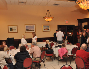 The crowd waiting to hear the candidates speak at the George Inn in Vernon.