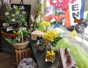 Items on display in Blooms of Elegance window.