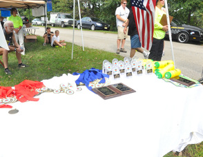 Trophies and ribbons lined up to be given out.