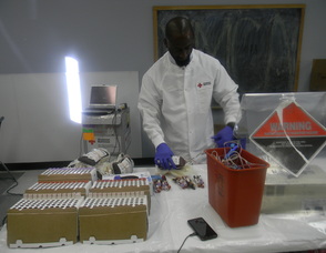Blood Collection Support Staff Driver Tyrese Chamberlain  processing the blood