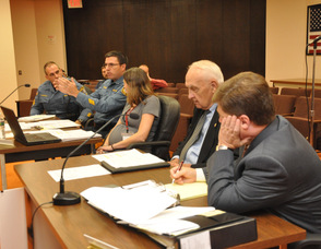 From left to right: Newton Police Sgt. Dean Coppolella, Newton Police Chief Michael Richards, Deputy Town Manager Debra Millikin, Harold Pellow, Town of Newton Attorney Mark Hontz.