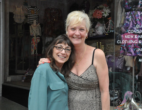 Julie Simms, and Toni Sabol greeting customers outside of Diva Designs Quality Consignments.