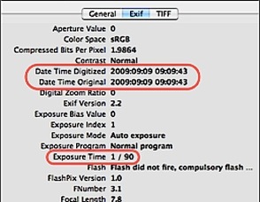  Screenshot of the EXIF metadata that is recorded in a digital camera along with the image. It tells the date and time the image was taken and some of the exposure information. This one is for the 09/09/09 image.