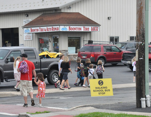 Students join the Walking School Bus at Merriam Avenue.