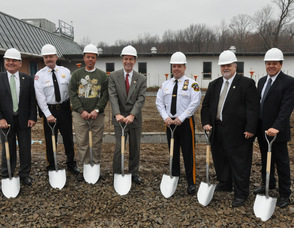 Breaking ground, from left to right: Freeholder Richard Vohden, Undersheeriff Keith Armstrong, Freeholder Parker Space, Congressman Scott Garrett, Sheriff Michael Strada, Freeholder Phillip Crabb, HQW Architect Sergio Chevarria. 