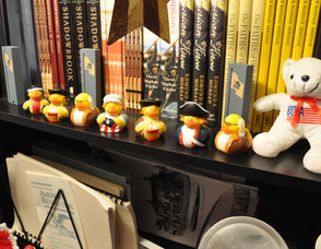 Historically-themed rubber ducks line the shelves of the museum gift shop.