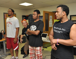 Hip Hop Playwright Gus Gauntlet demonstrates "Mother Nature is Hip Hop" to students.