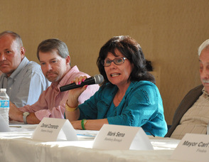 Hopatcong Mayor Sylvia Petillo at the microphone, flanked by (left to right), Paul Brislin, Alan Henderson, Richard Hughes, and Daniel Coronato.