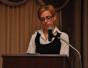 A visibly moved Angela DeLuccia-Davis presents the Jeff Syberg Theater Patrons Memorial Scholarship in memory of her former student, Jeff Syberg.