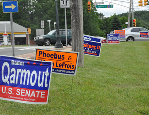 Campaign signs lined along Sparta Avenue in Sparta. in Sparta.