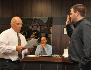 David Blakely sworn in on the Byram Township Fire Department by Mayor James Oscovitch.