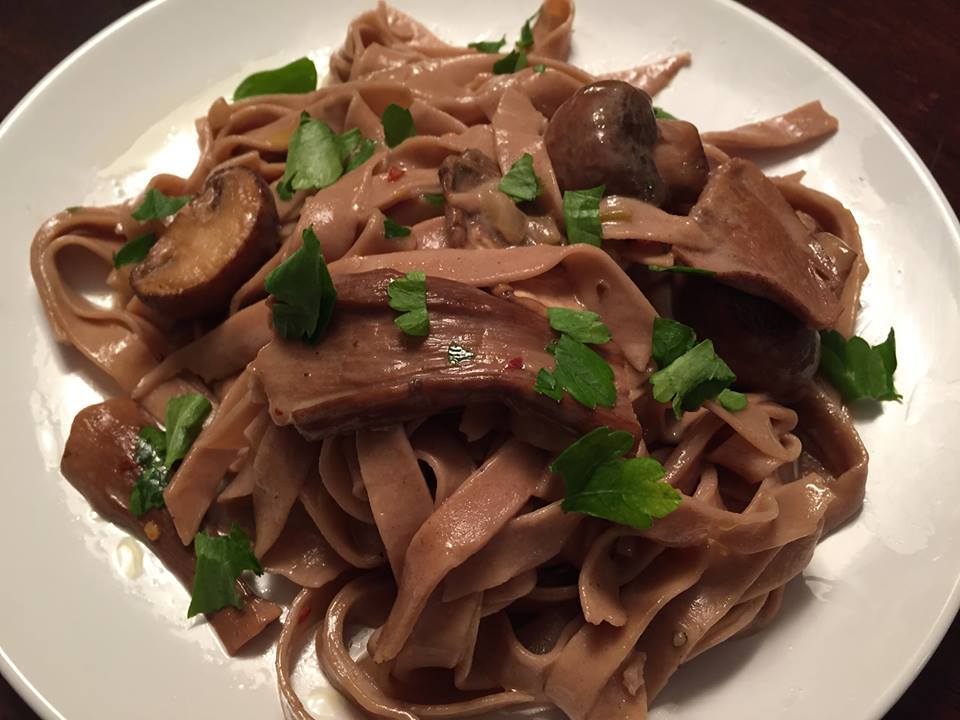 Chestnut Flour Pasta with Mixed Mushrooms in a Light Cream Sauce