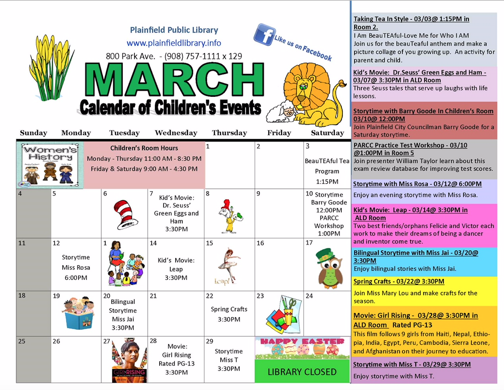 Plainfield Library s March Calendar Of Events In The Children s Room 