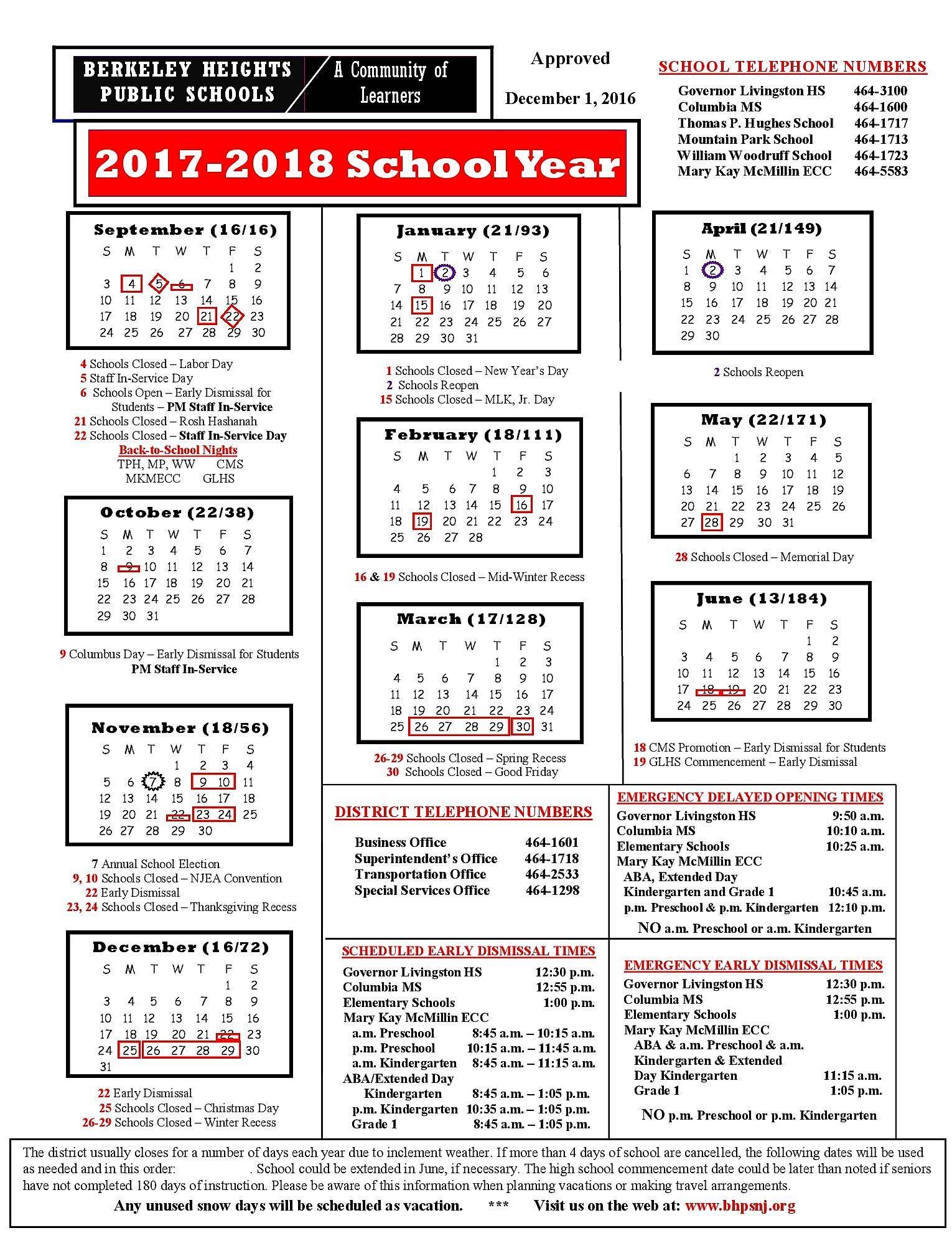Berkeley Heights BOE Approves 2017-2018 School Calendar | Mountainside, NJ  News TAPinto