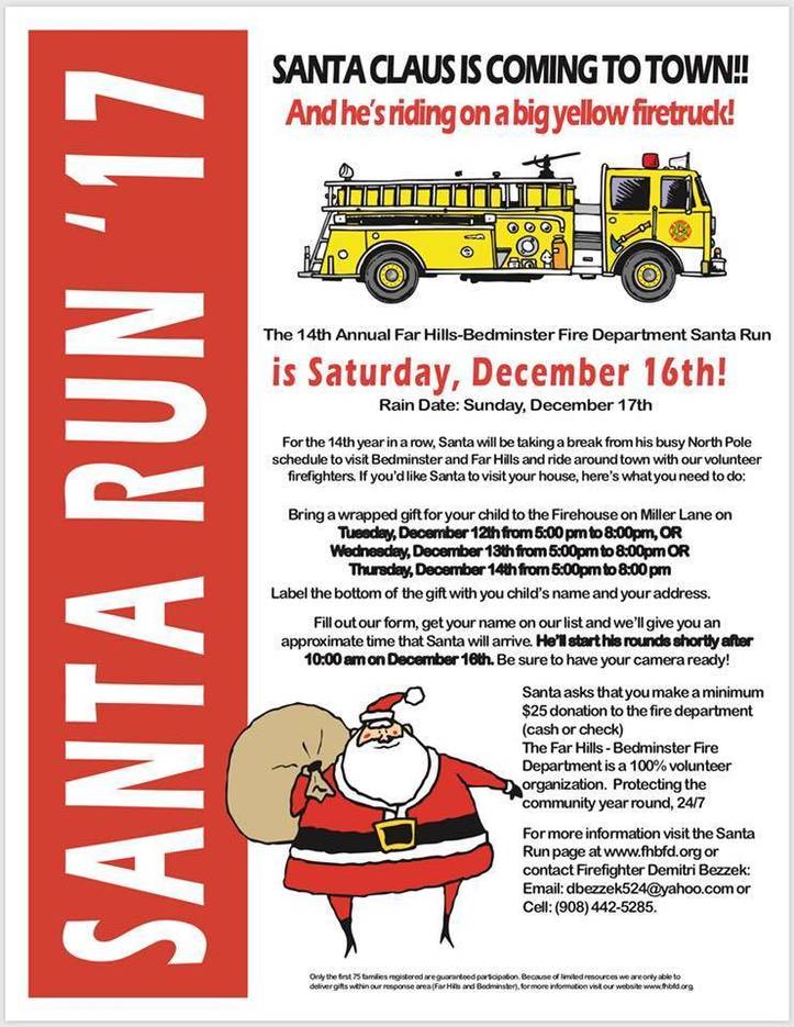 The Far Hills Bedminster Fire Department Will Bring Santa To
