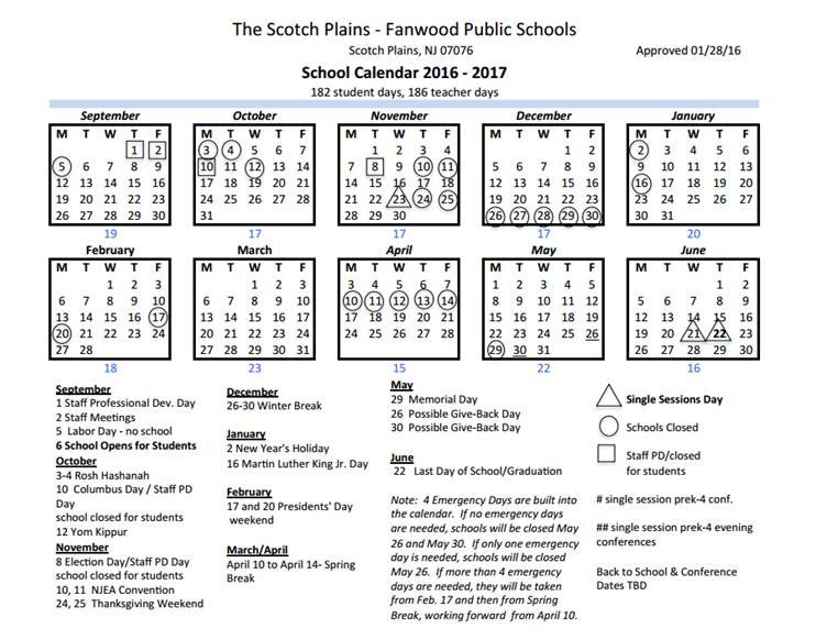 Scotch Plains-Fanwood Board of Education Approves 2016-17 Calendar | TAPinto Scotch Plains-Fanwood Board of Education Approves 2016-17 Calendar | TAPinto